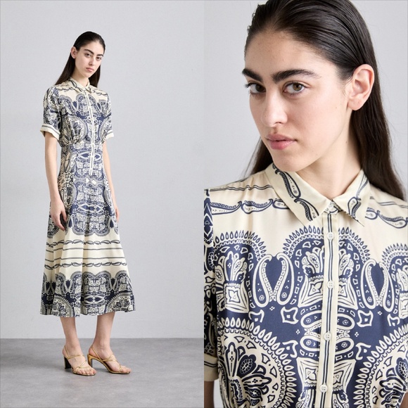 Sandro patterned paisley scarf print Marine beige midi dress NO OFFERS - Picture 5 of 11